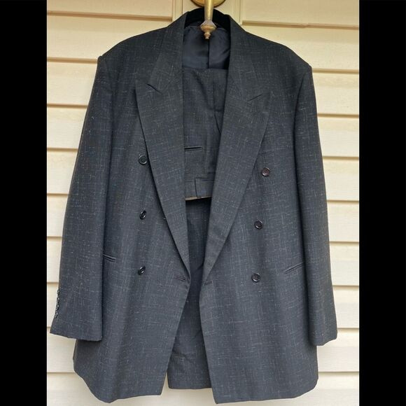 Gino Corelli black/white specs 2 piece pant suit, double breasted jacket, 42L - Picture 1 of 15
